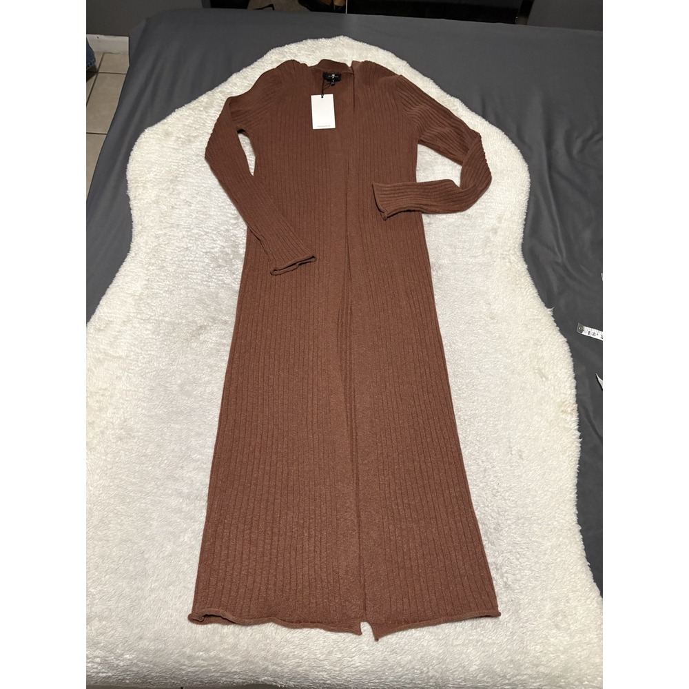 NWT 7 For All Mankind Ribbed Knit Duster Cardigan Sweater Brown Open Front Small